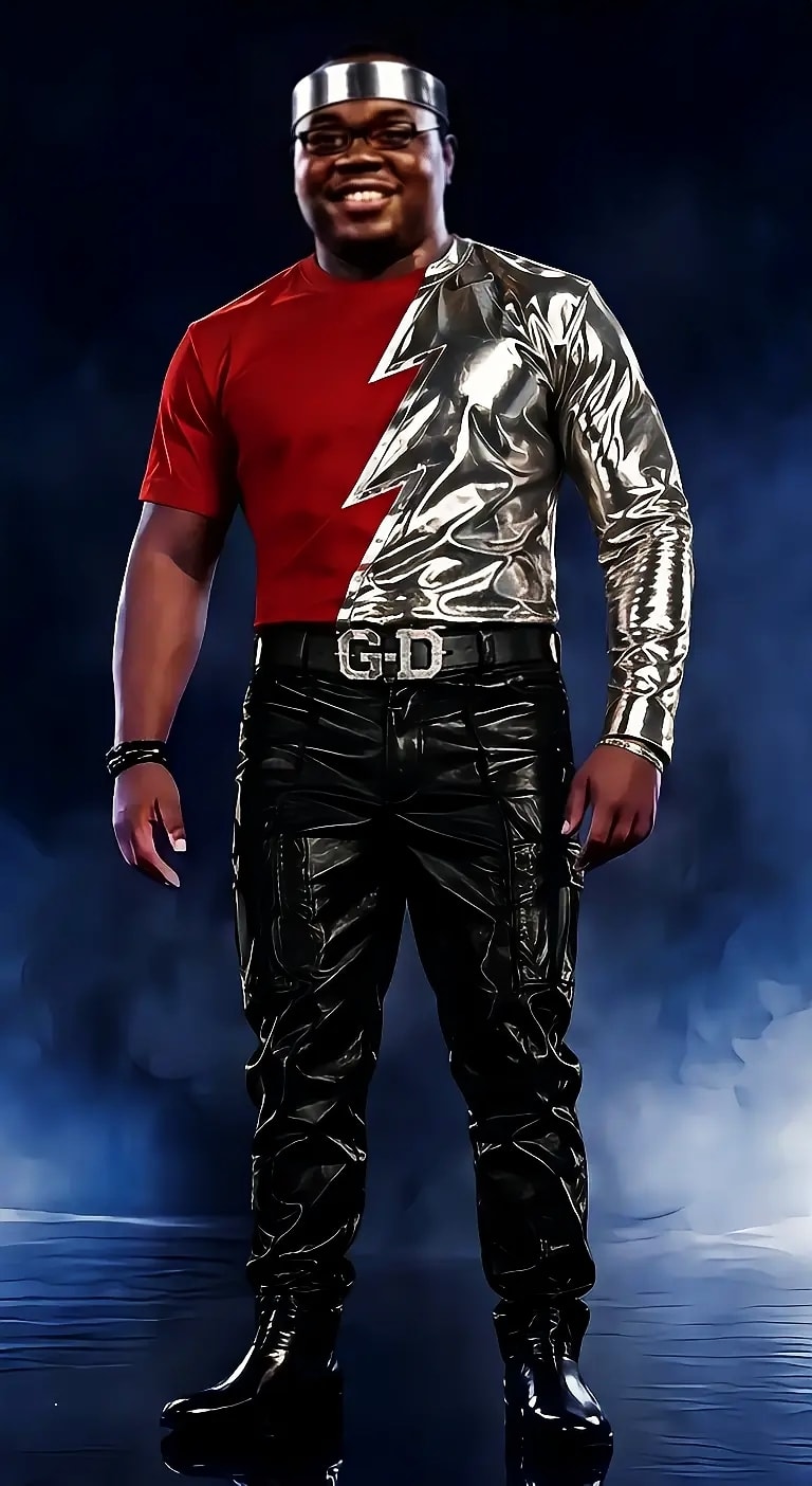 Red tee, silver metallic jacket, black leather pants flat-lay with G-D belt
