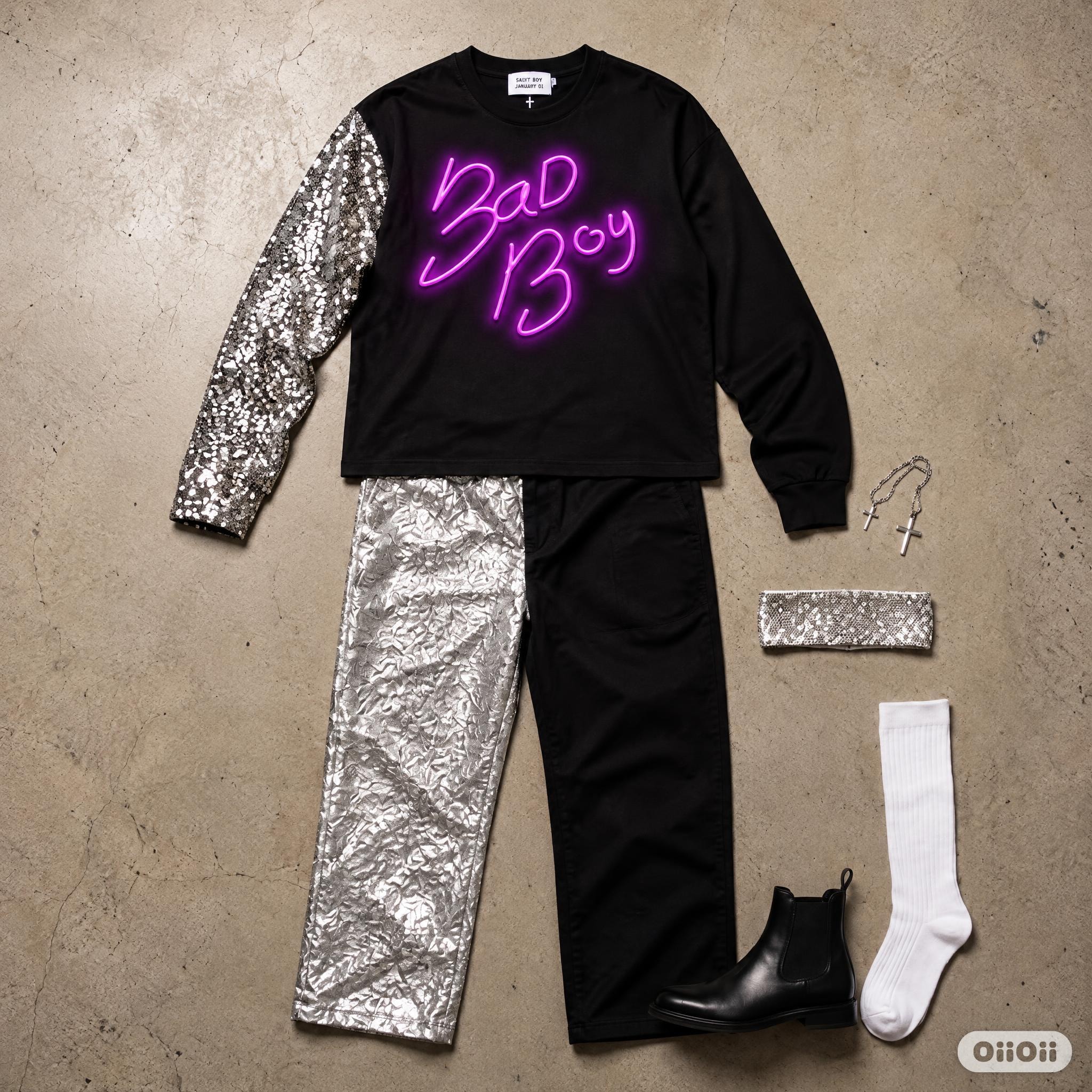 Bad Boy Redemption Sequin Hoodie flat-lay with silver metallic pants and accessories