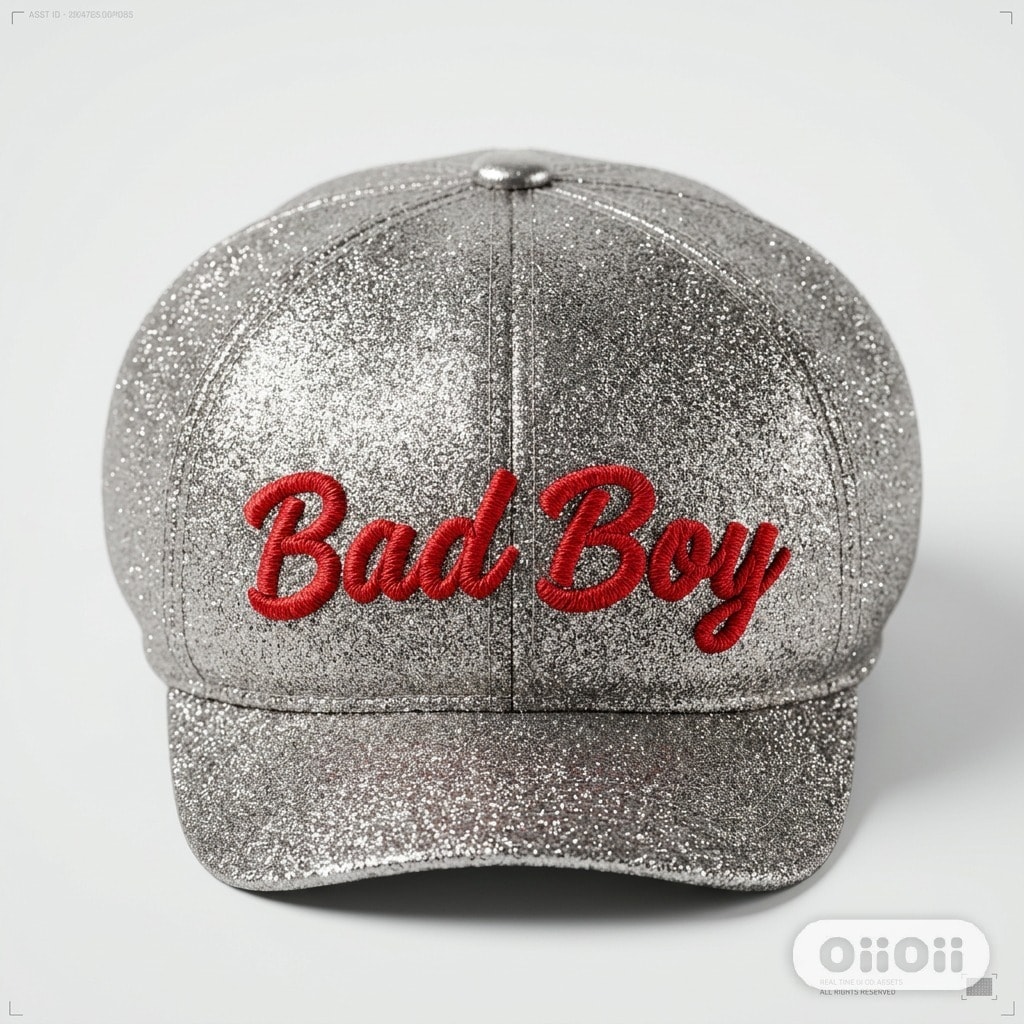 Bad Boy Platinum Sparkle Newsboy Hat — silver glitter with red Bad Boy embroidery