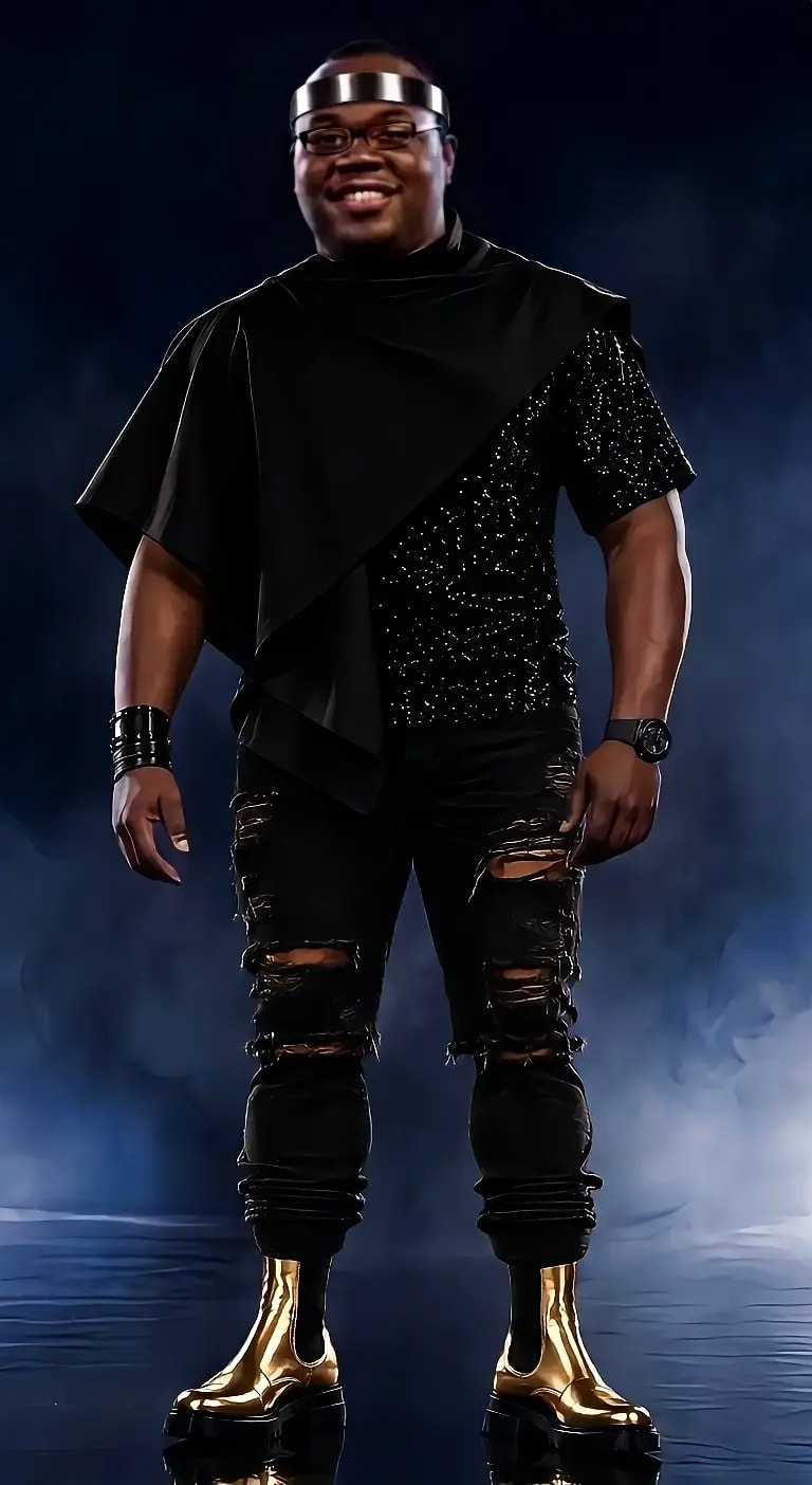 Ray Rayson — black sequin top, ripped black jeans, gold platform boots