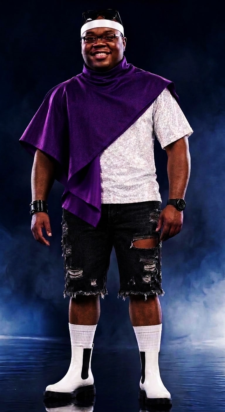 Ray Rayson — purple poncho, distressed shorts, white platform boots