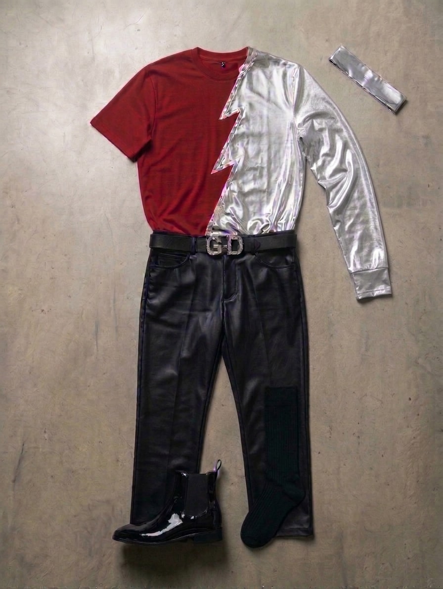 Ray Rayson — red tee, silver metallic jacket, black leather pants