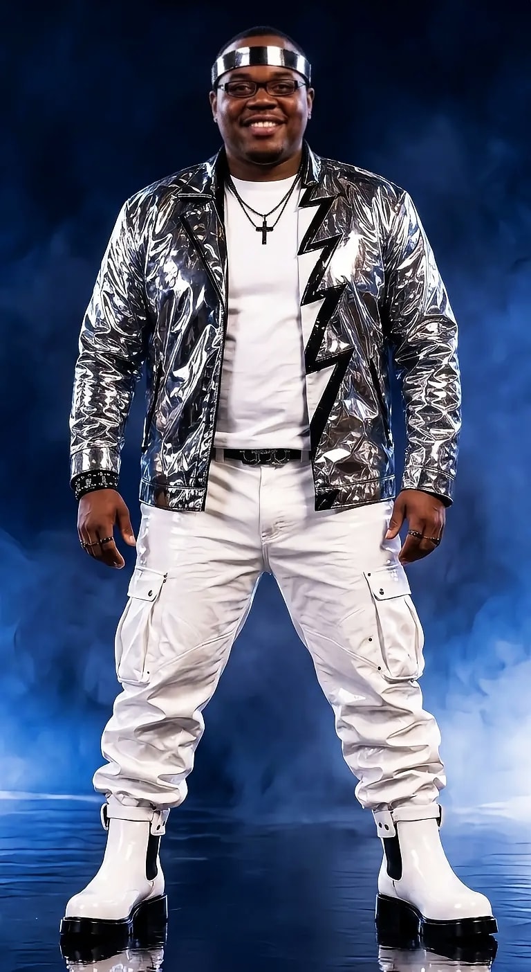 Ray Rayson — silver metallic jacket, white cargo pants stage look