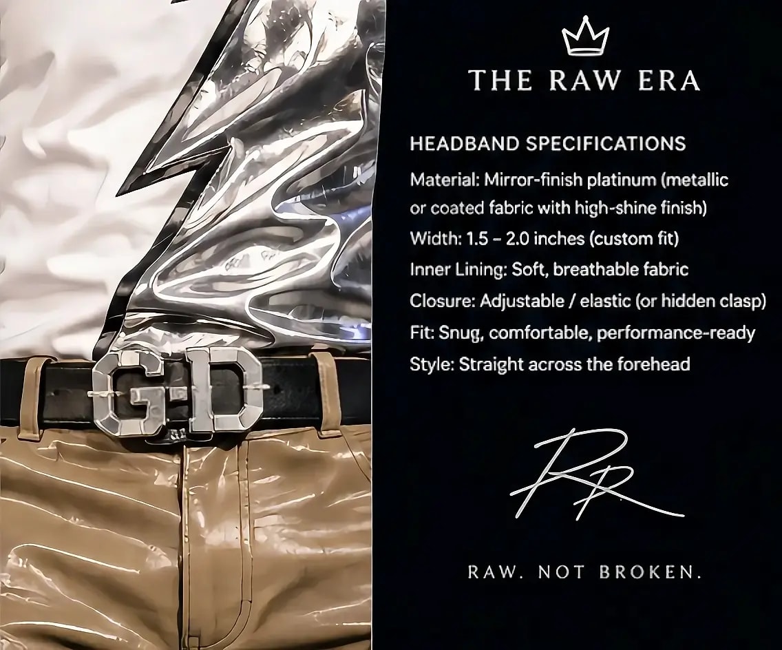The Raw Era headband specifications — mirror-finish platinum, custom fit, Raw Not Broken
